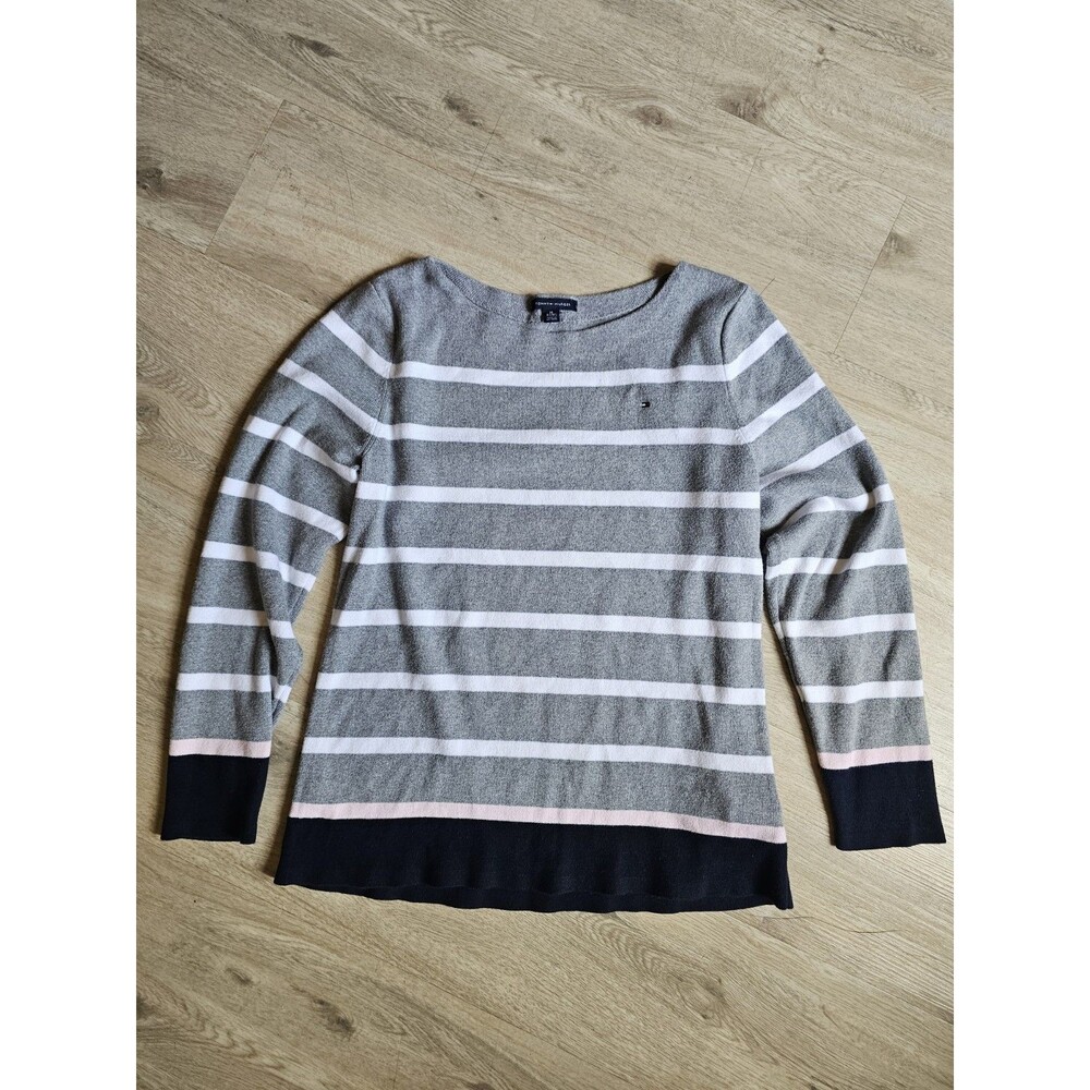 TOMMY HILFIGER Sweater Womens XL Striped Boat Neck Jumper Pullover Cotton Gray